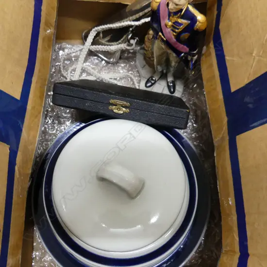 BOX: COALPORT LORD NELSON FIGURE H.230mm. ARABIA FINLAND TUREEN & PLATE. DREMEL ROTARY KIT, HORN ETC