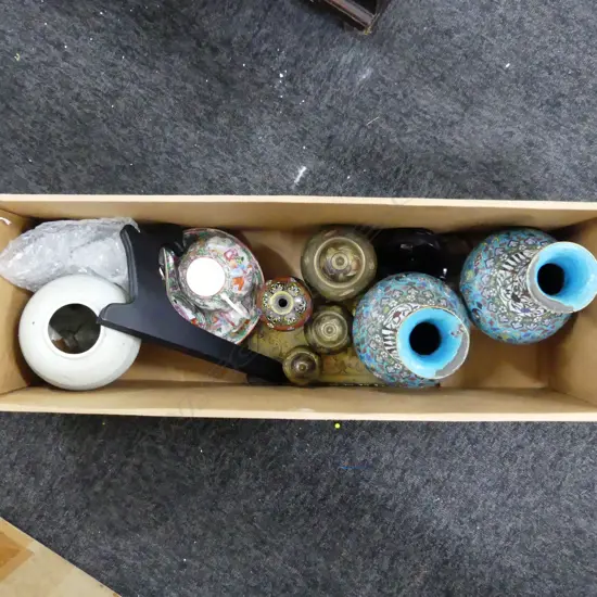 ASSTD ORIENTAL & MID EASTERN ITEMS, INCLDS 2 LRG DAMAGED CLOISONNE VASES, JAPANESE CLOISONNE VASE & FAMILLE ROSE ITEMS