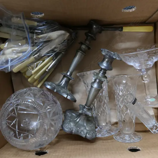 BOX LOT CRYSTAL, 'BONE' HANDLED CUTLERY ETC