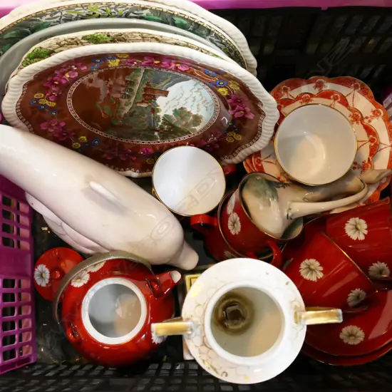 CRATE / BOX LOT ASST. CERAMICS. INCL. RED NORITAKE, URN, WHITE CERAMIC DOLPHIN, PLATES ETC