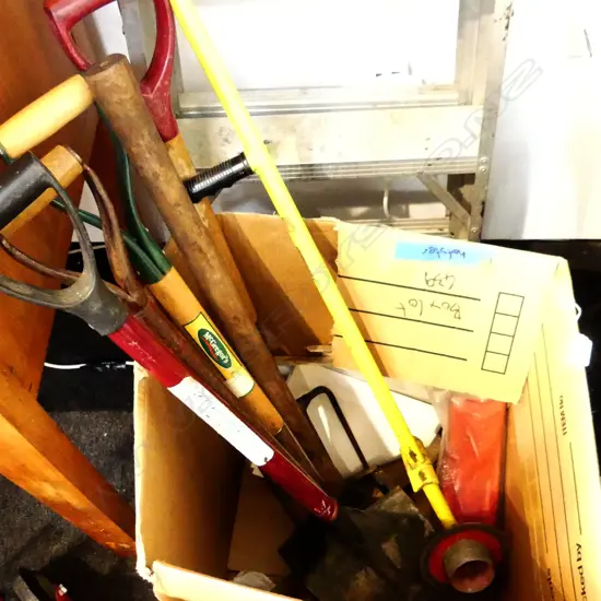 BOX GARDEN TOOLS: 3 SPADES. 1 PICK. FORK. EDGER ETC