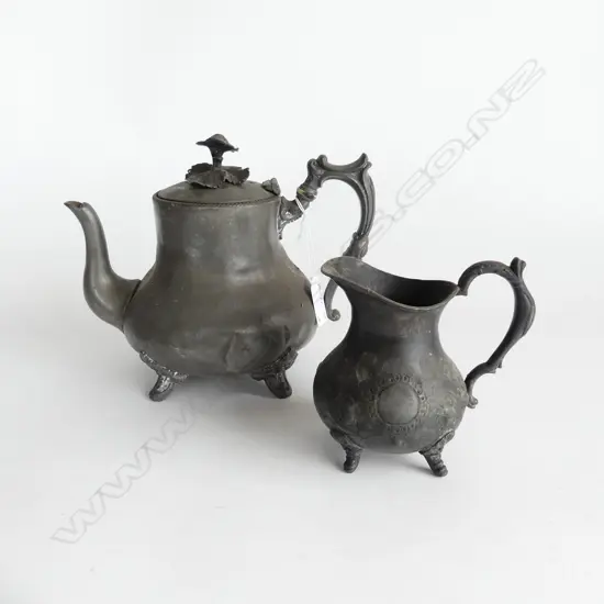2 PCS, PEWTER TEAPOT WITH FLORAL (DENTED) & MILK JUG