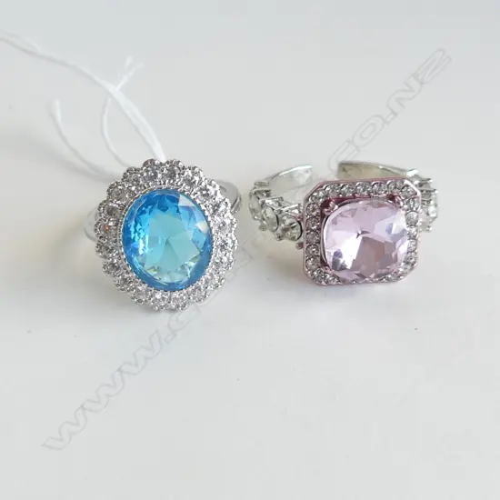 2 SILVER PLATE DRESS RINGS;  FAUX TURQUOISE & DIAMANTES & PINK STONE & DIAMANTES