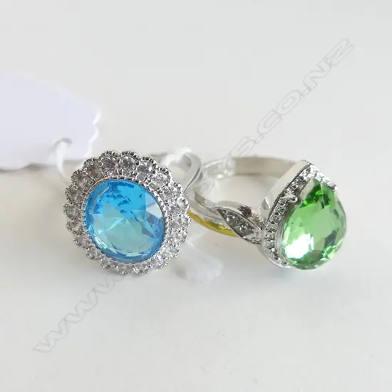 2 SILVER PLATE DRESS RINGS; GREEN & DIAMANTE & TURQUOISE & DIAMANTE 