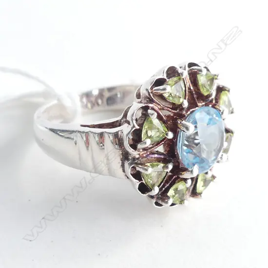 UNIQUE 925 SILVER RING WITH AQUAMARINE ? & GREEN STONES