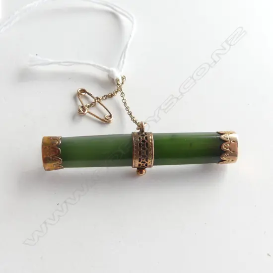 NZ COLONIAL 9CT ROSE GOLD & POUNAMU BAR BROOCH