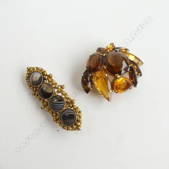 2 BROOCHES; BANDED AGATE & COSTUME