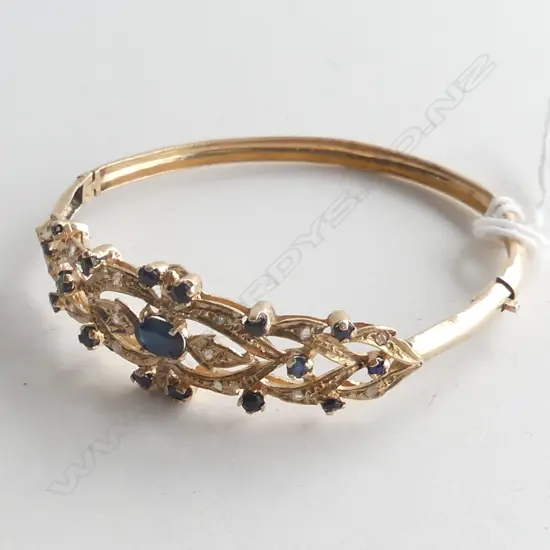 14k GOLD BANGLE SAPPHIRE & DIAMONDS 1 MISSING 9.68gms