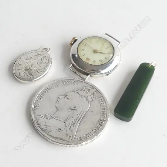 4 STG SILVER ITEMS; 1889 COIN, GREENSTONE PENDANT, OLD WATCH & LOCKET 
