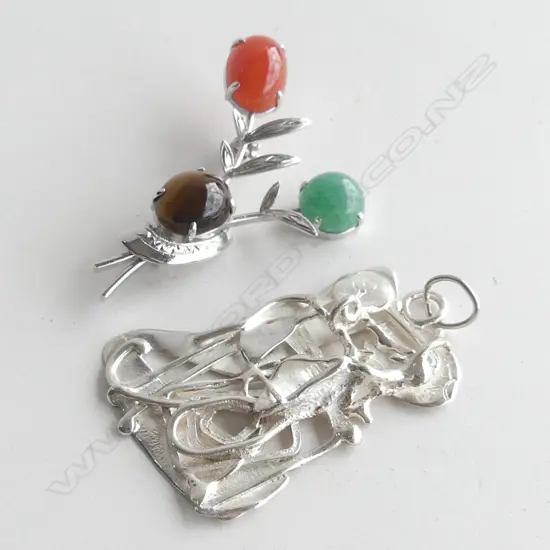 ABSTRACT SILVER PENDANT + 3 STONE BROOCH