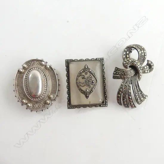 3 BROOCHES; 2 MARCASITE + VICTORIAN STG SILVER