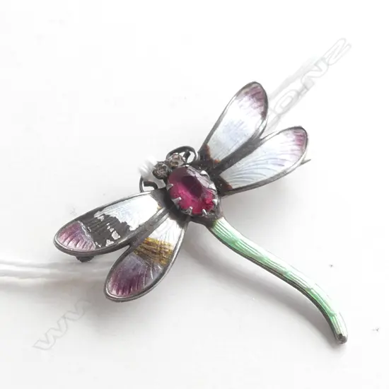 VINTAGE SILVER & ENAMEL DRAGONFLY BROOCH Birm.1921 some faults to enamel wings