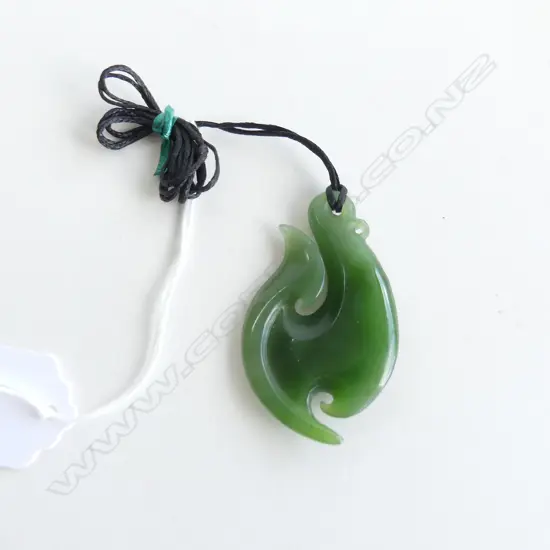 POUNAMU (GREENSTONE) FISH HOOK PENDANT (L60MM) ON BLACK WAXED ADJUSTABLE CORD (carved by Ross Crump)