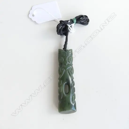 NZ POUNAMU (GREENSTONE) TIKI DROP CARVED PENDANT (L70MM) ON BLACK WAXED ADJUSTABLE CORD