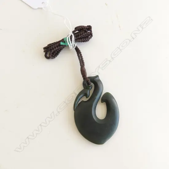 NZ POUNAMU (GREENSTONE) FISH HOOK PENDANT (L65MM) ON BROWN WAXED ADJUSTABLE CORD