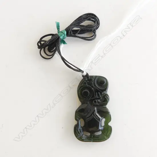 NZ POUNAMU (GREENSTONE) SM TIKI PENDANT (L40MM) ON BLACK WAXED ADJUSTABLE CORD
