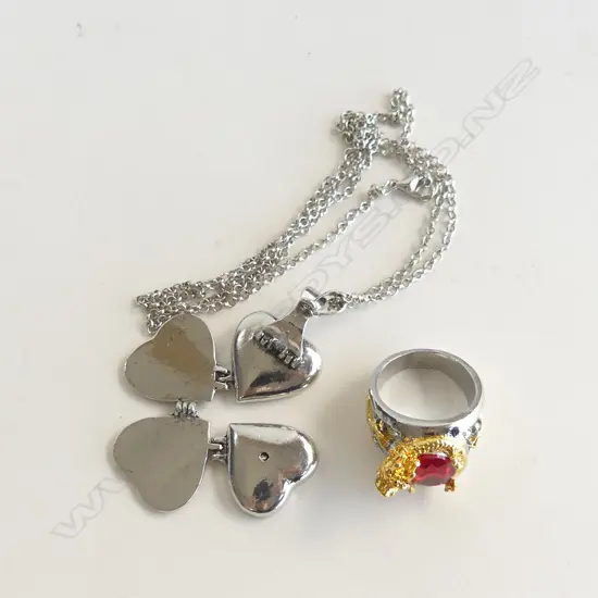 LG SILVER & GOLD TONE DRAGON RING WITH RED GLASS STONE + SILVER TONE MULTI FOLDING HEART LOCKET & CHAIN