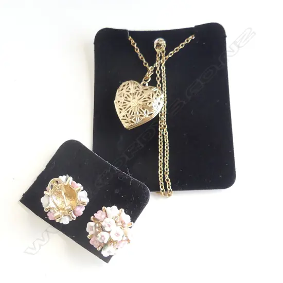 PR ROUND FLORAL CLIP OR POST EARRINGS + GOLD TONE PIERCED  HEART LOCKET PENDANT & CHAIN 