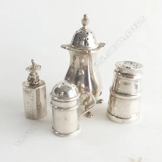 4 PCES STG; 3 PEPPERETTES (2 NOVELTY) + MINIATURE PERFUME BOTTLE 70 GRAMS