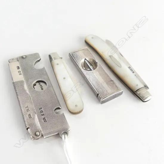4 STG ITEMS; 2 MoP POCKET KNIVES + CIGAR CUTTER & BLADE HOLDER