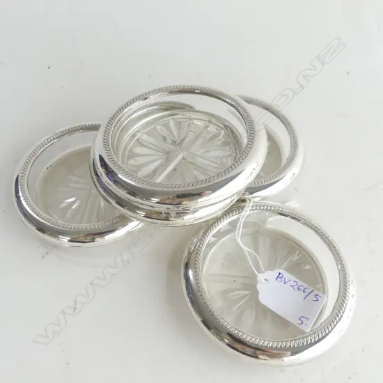 5 STAMPED STERLING DRINKS COASTERS 92mm dia FB ROGERS