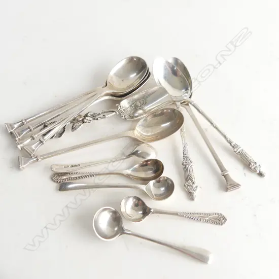 14 STG SILVER SPOONS; 6 NAIL HEAD TEA SPOONS, PR APOSTLE, 835 SILVER SCOOP, 5 MUSTARD 115 GRAMS