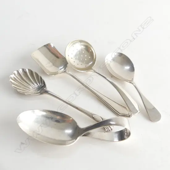 5 ASST. STG SILVER SPOONS; CADDY ETC 94 GRAMS