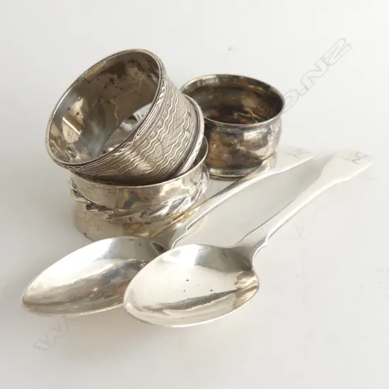 3 STG SILVER NAPKIN RINGS + PR STG GEORGIAN TEASPOONS 97 GRAMS