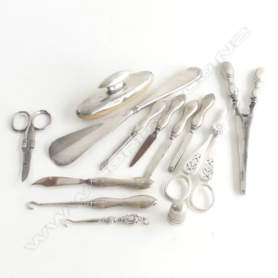 13 PCES ASST. STG MANICURE SET ETC; NAIL BUFF, SHOE HORN, GLOVE STRETCHER, 2 PRS SCISSORS ETC