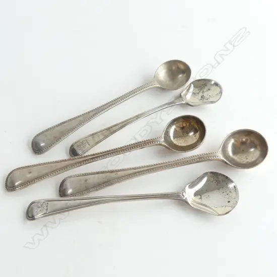 5 STG SILVER TEA SPOONS; 3 LONDON 1873 ROUND BOWLS, 2 GEORGIAN SHOVEL w. DRAGON ARMORIAL 70 GRAMS