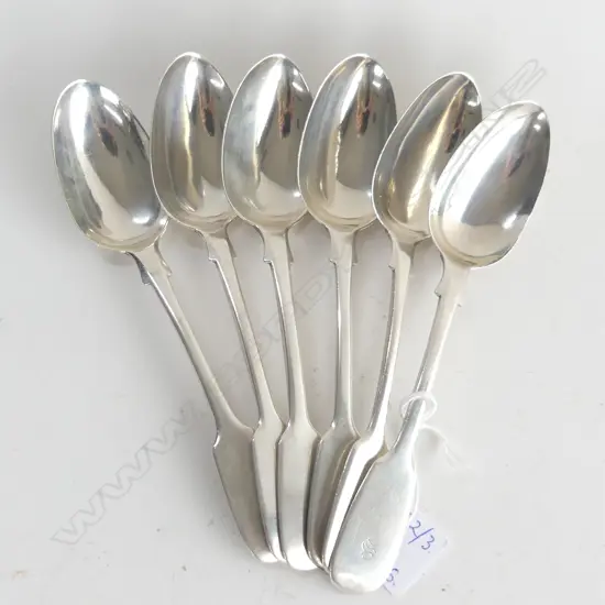 6 STG SILVER FIDDLE PATTERN DESSERT SPOONS ENGRAVED 'S' ROBERT WILLIAMS EXETER 1846 261 GRAMS