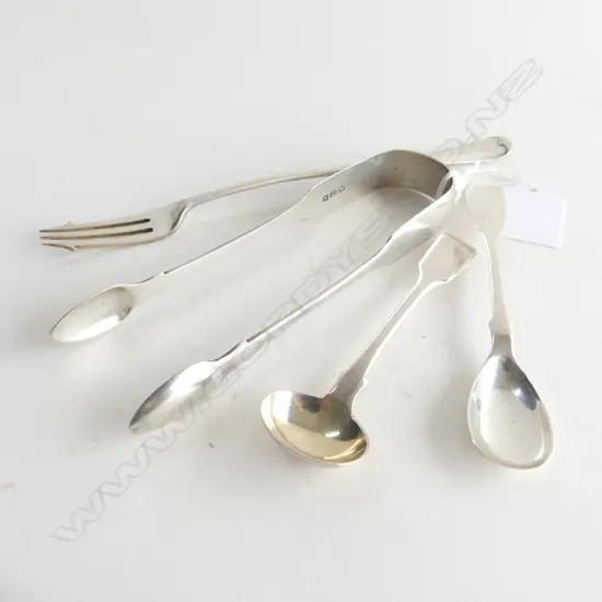 4 PCES STG SILVER CUTLERY; GEORGIAN SUGAR TONGS, PR GEORGIAN MUSTARD SPOONS, PICKLE FORK 95 GRAMS