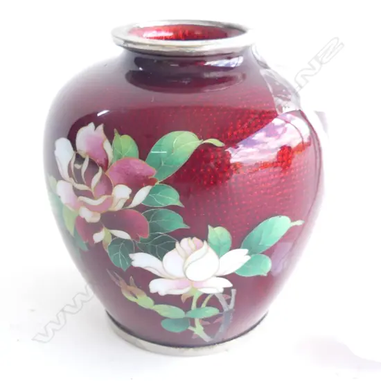 JAPANESE RED CLOISONE VASE WITH ROSES 100MM