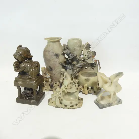4 ASST ORIENTAL CARVINGS; SOAPSTONE ETC. LARGEST 210mm x 160mm