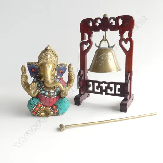 BRASS INDIAN GANESH + BRASS BELL w. STRIKER IN WOODEN STAND H.170mm