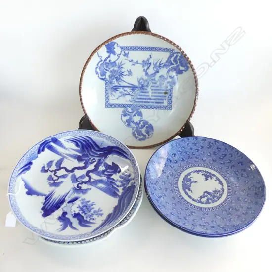 5 OLD JAPANESE BLUE WHITE IMARI PLATES/CHARGERS D340mm approx