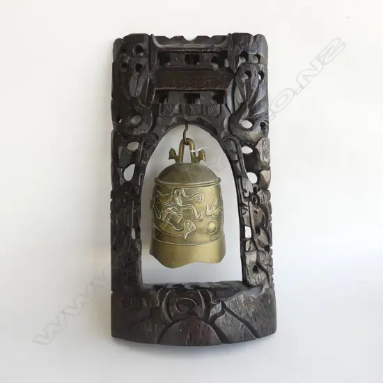 EARLY 20thC BRONZE DRAGON BELL ON EBONISED CARVED WOODEN ORIENTAL STAND H.450mm