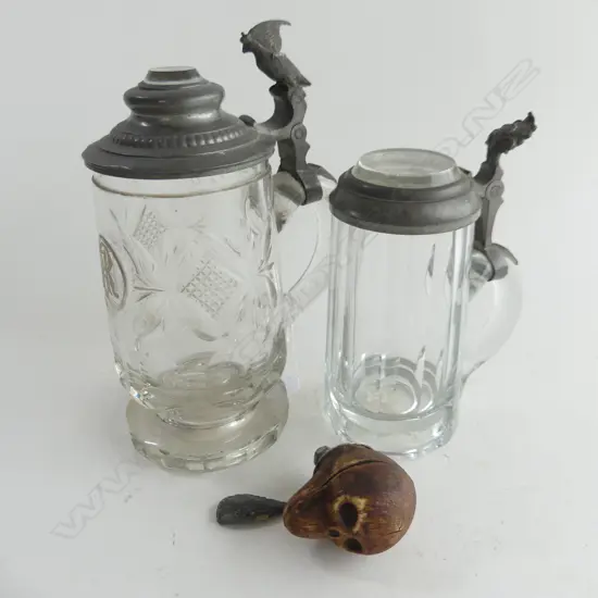 2 ANTIQUE CRYSTAL STEINS + MOUNTED SKULL L.60mm