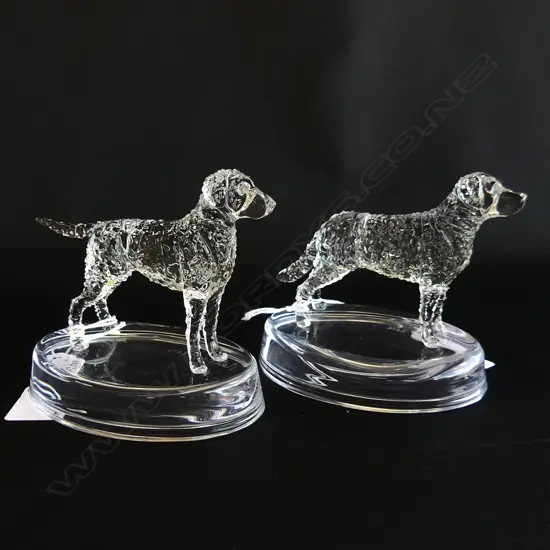 2 RETRIEVER GLASS STATUETTES; CURLY COATED & CHESAPEAKE BAY - SIGNED & DATED 'NEIL HARRIS 2016'