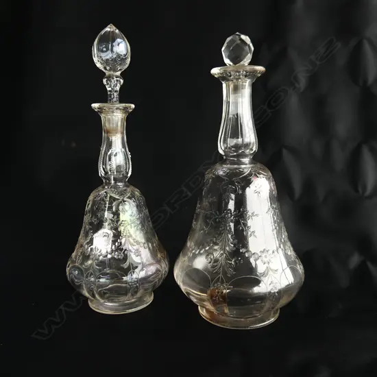 2 VINTAGE BELL SHAPED FINELY CUT GLASS DECANTERS, H. 280 & 270MM...