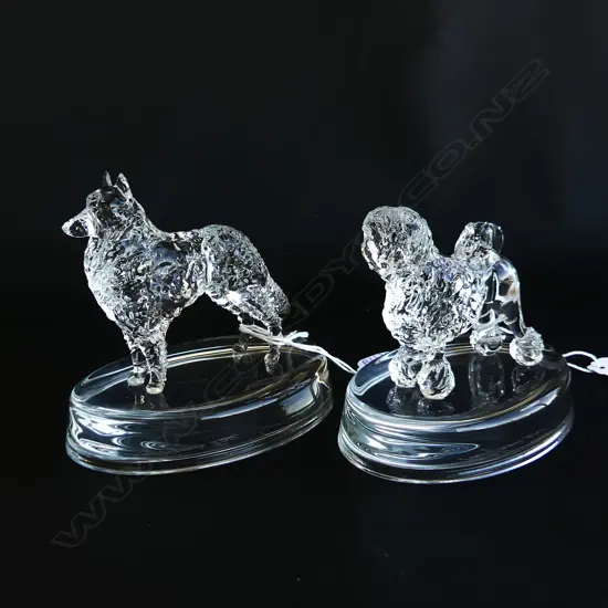2 NEIL HARRIS GLASS STATUETTES; LOWCHEN & BELGIAN SHEP.