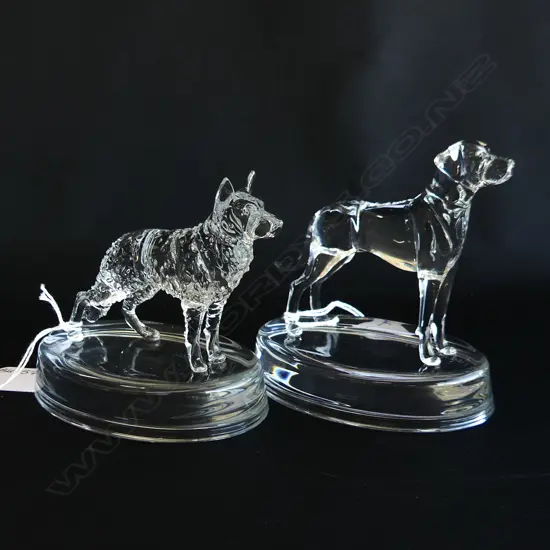 2 GLASS STATUETTES; GERMAN SHEPHERD & GREAT DANE - SIGNED & DATED 'NEIL HARRIS 2016/17'