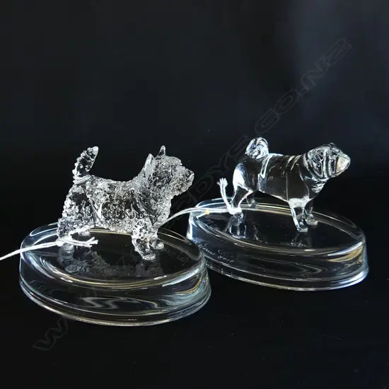 2 GLASS STATUETTES; PUG DOG & WEST HIGHLAND TERRIER (WESTIE) - SIGNED & DATED 'NEIL HARRIS 2016/17'