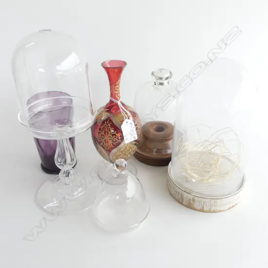 4 ASST. GLASS DOMES + PURPLE GLASS & VENETIAN VASE H.205mm
