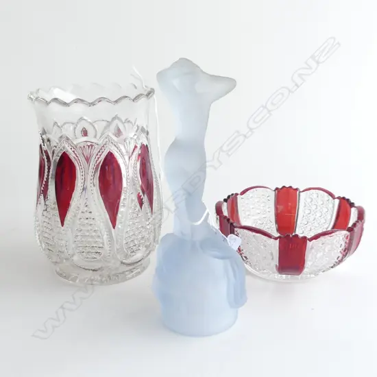 BLUE GLASS ART DECO NUDE LADY  FLOWER FROG CENTRE (H180MM)+ 2 BOHEMIAN CRANBERRY CRYSTAL PCS VASE (H145MM) & BOWL