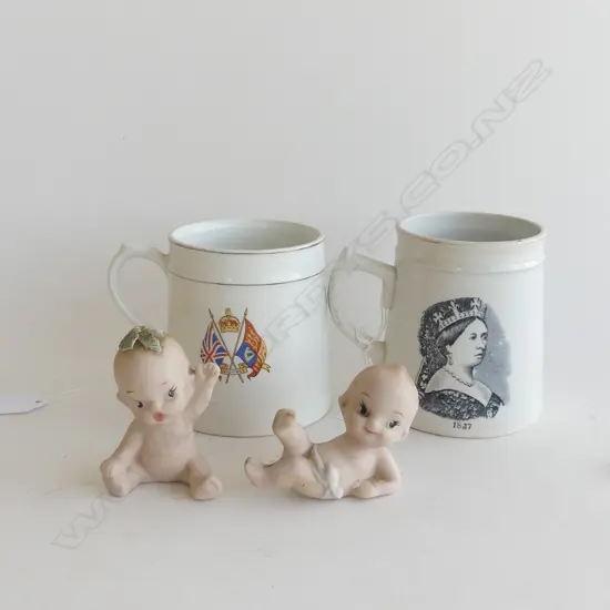 2 VINTAGE ROYAL MUGS + PR CERAMIC BABIES