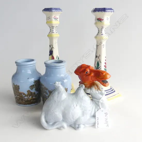 PR FRENCH HAND PAINTED CANDLE STICKS H.215mm, PR PRATTWARE JARS, CAMEL