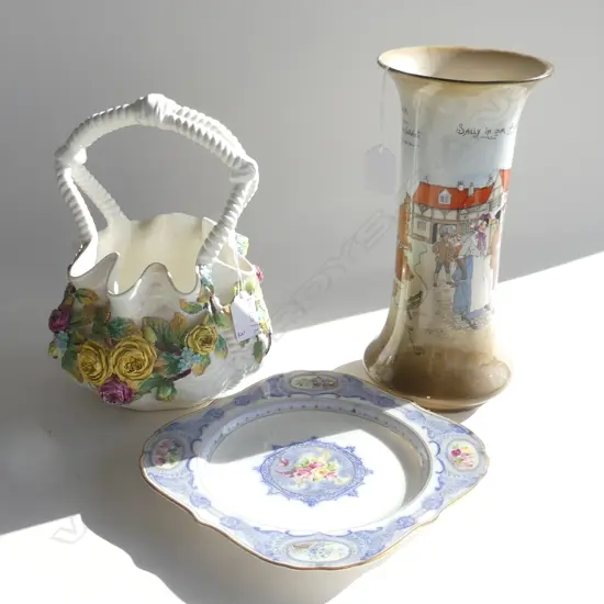 BURLEIGH WARE 'SALLY IN OUR ALLEY' VASE H.260mm hairlines + CERAMIC BASKET w. ROSES + R/WORCSTER PLATE AF