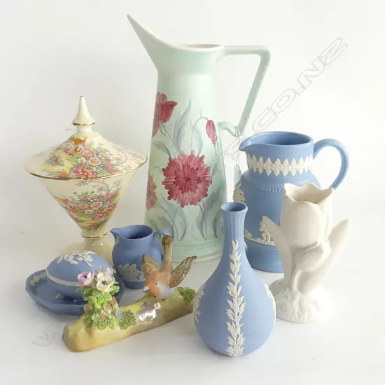 9 PCES ASST. CHINA; 5 WEDGWOOD, RADFORD JUG H.285mm, CROWN STAFF. BIRD, LIDDED CONTAINER, WHITE FLOWER VASE