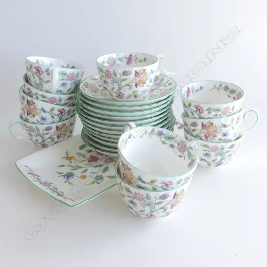 23 PCES MINTON 'HADDON HALL' CHINA; 10 CUPS, 12 SAUCERS, SANDWICH PLATE